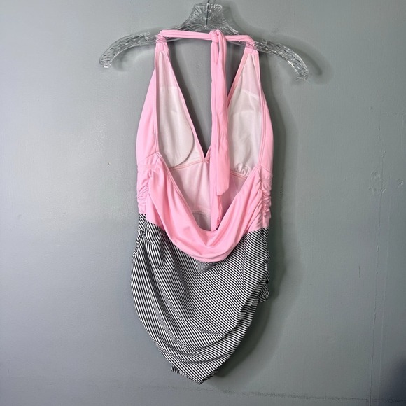 Pink Black and White Striped Ruched Plunge Halter Tie Swimsuit Women's Size L - Picture 10 of 12